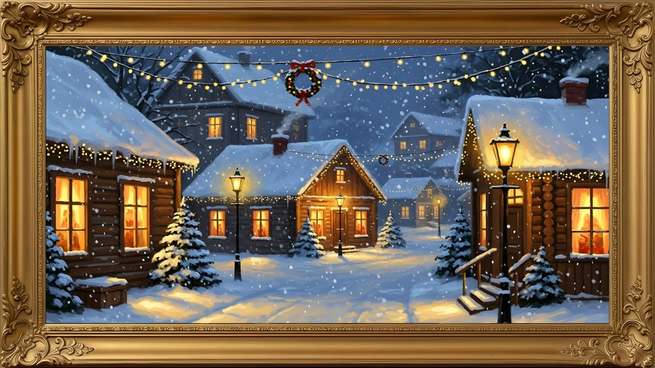 4K TV art, Galley Frame winter season .Calm Winter Home, Vintage Oil Painting