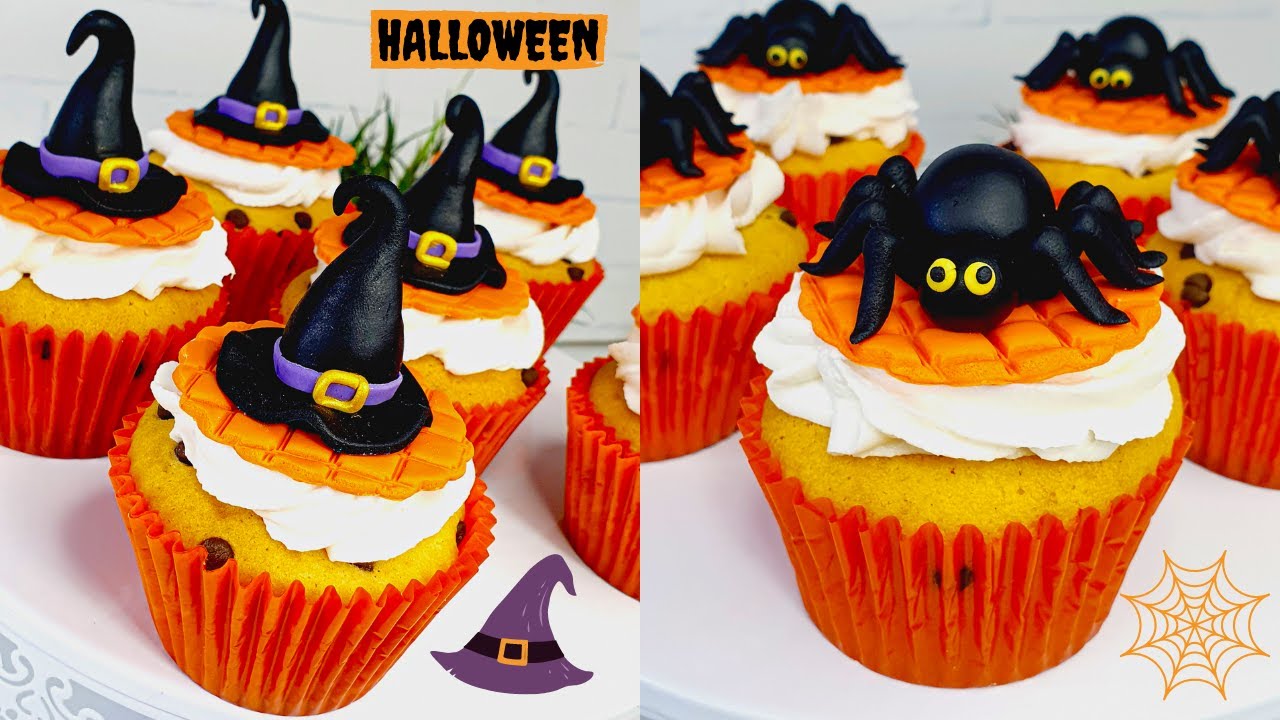 SOMBRERO DE BRUJAS Y ARAÑAS TENEBROSAS EN 3D PARA CUPCAKES DE HALOWEEN