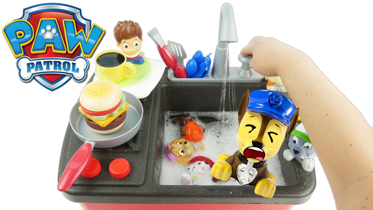 clean dishes in sink with Paw Patrol