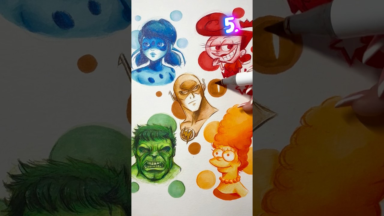 Dibujo 5 PERSONAJES ANIMADOS🔥 con SOLO 1 COLOR 😱🌈 #dibujo #arte