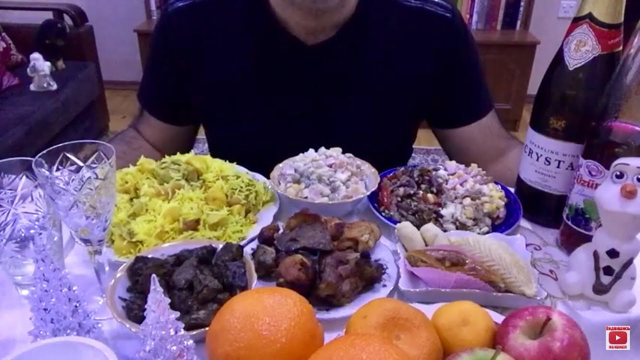 ASMR Azerbaijani pilaf, Dolma, kebab, Capital salad, beef salad, shekerbura, baklava, champagne