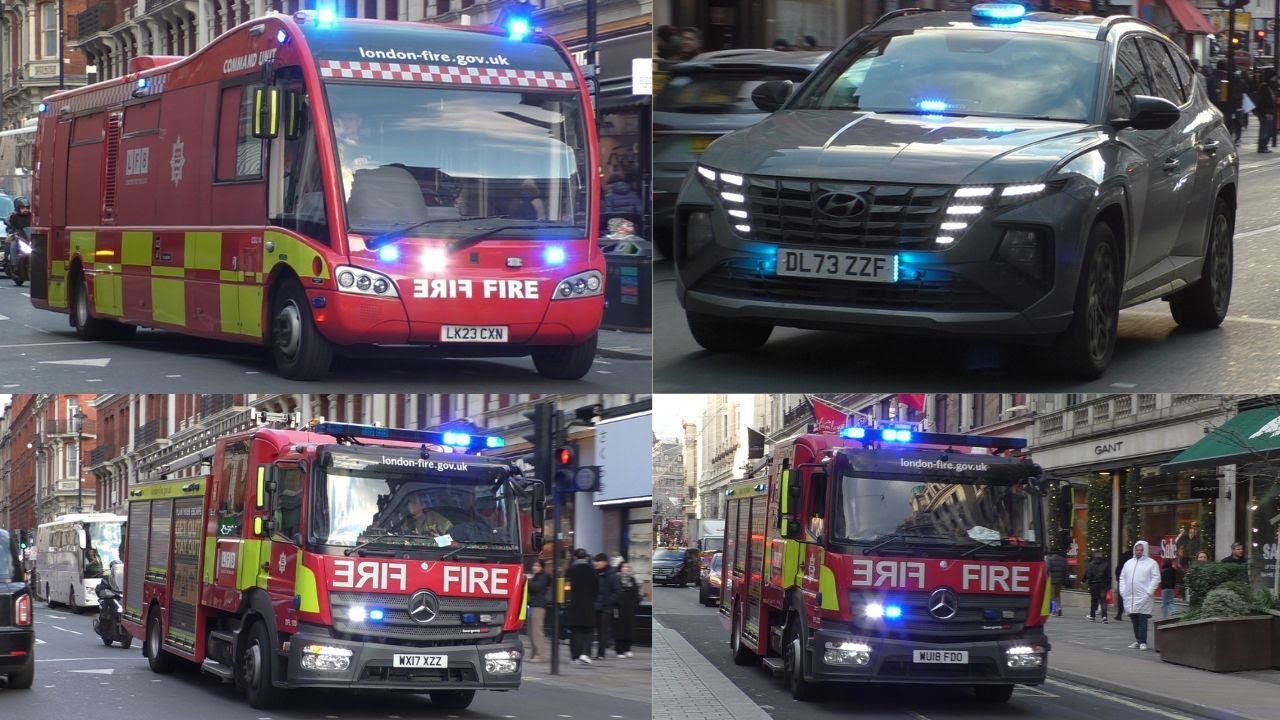 [6 Pump Fire in Soho] London Fire Brigade and Police responding with Siren and Bluelights in Soho