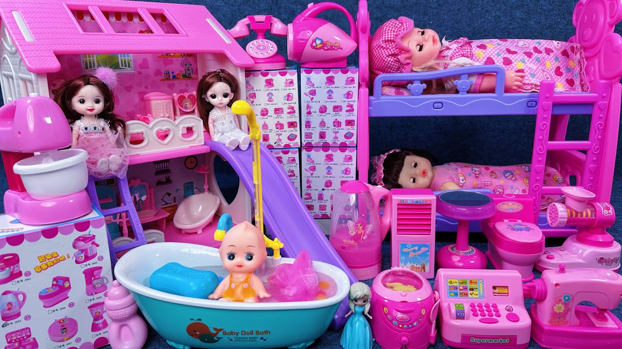 14 Minutes Satisfying with Unboxing Pink Princess House ＆ Doll Bed Playset ASMR | Review Toys