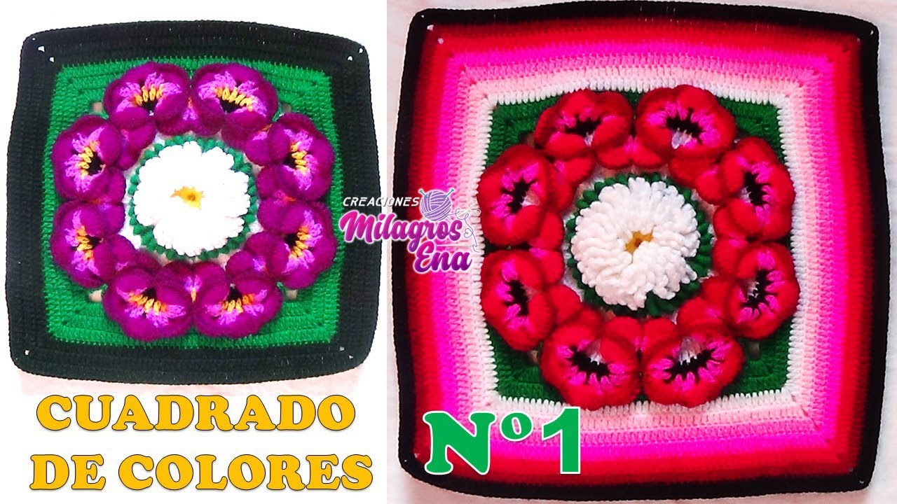 Como tejer el Cuadrado de colores N° 1 a crochet para colchas y cojines paso a paso y FLOR N° 42