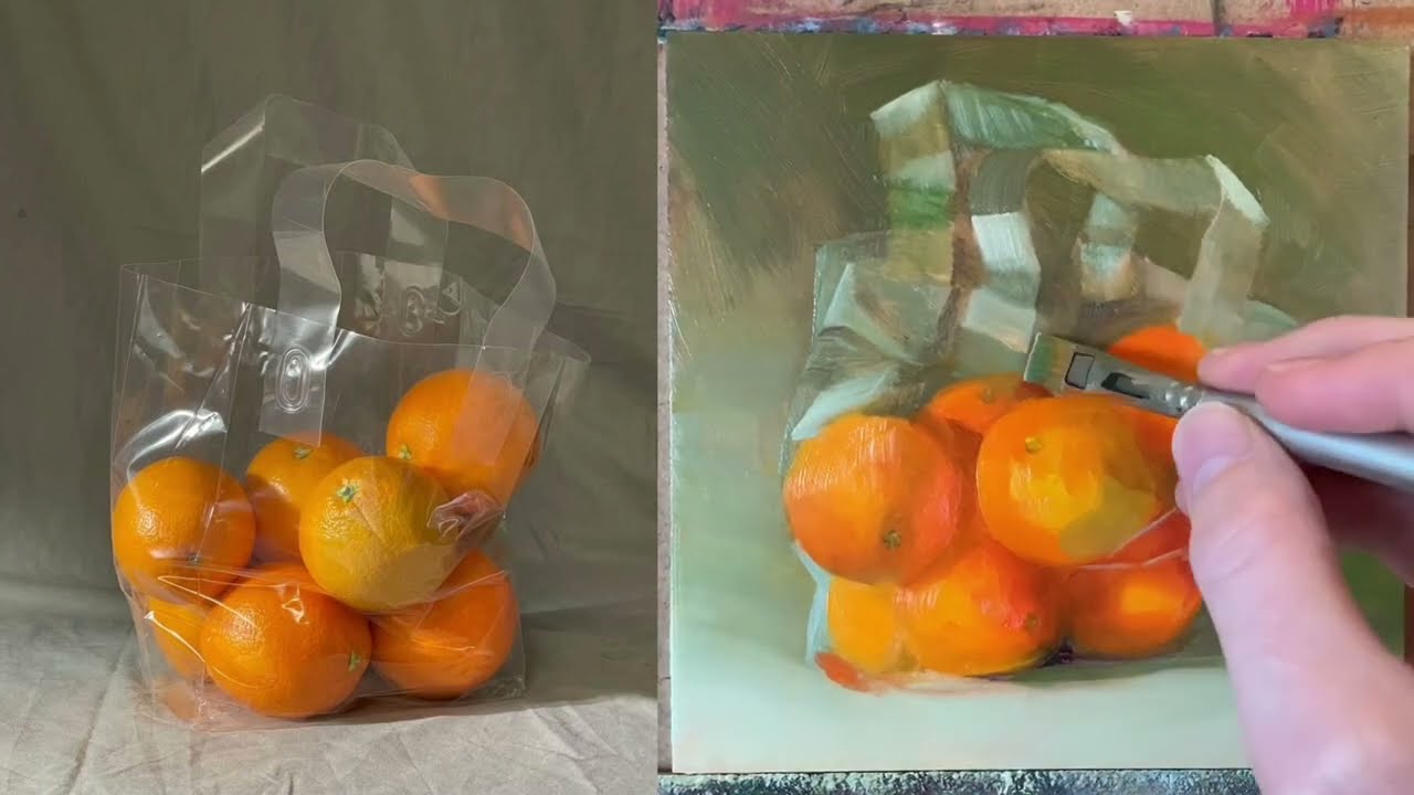 Step by step - How to (oil)paint tangerines in a plastic bag