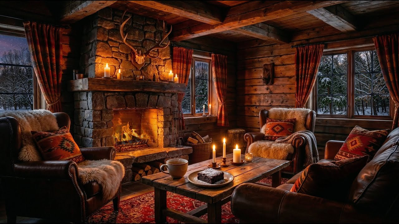 🔥 Warm Cabin Fireplace & Snow | Relaxing Fire Sounds, Cozy Winter Ambience