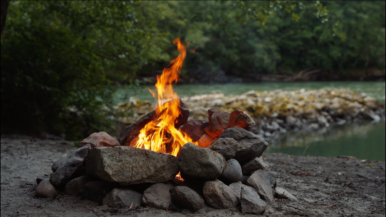 3 hours of Relaxing Riverside Fireplace - Crackling Fire, Flowing River, and Chirping Bird Sounds