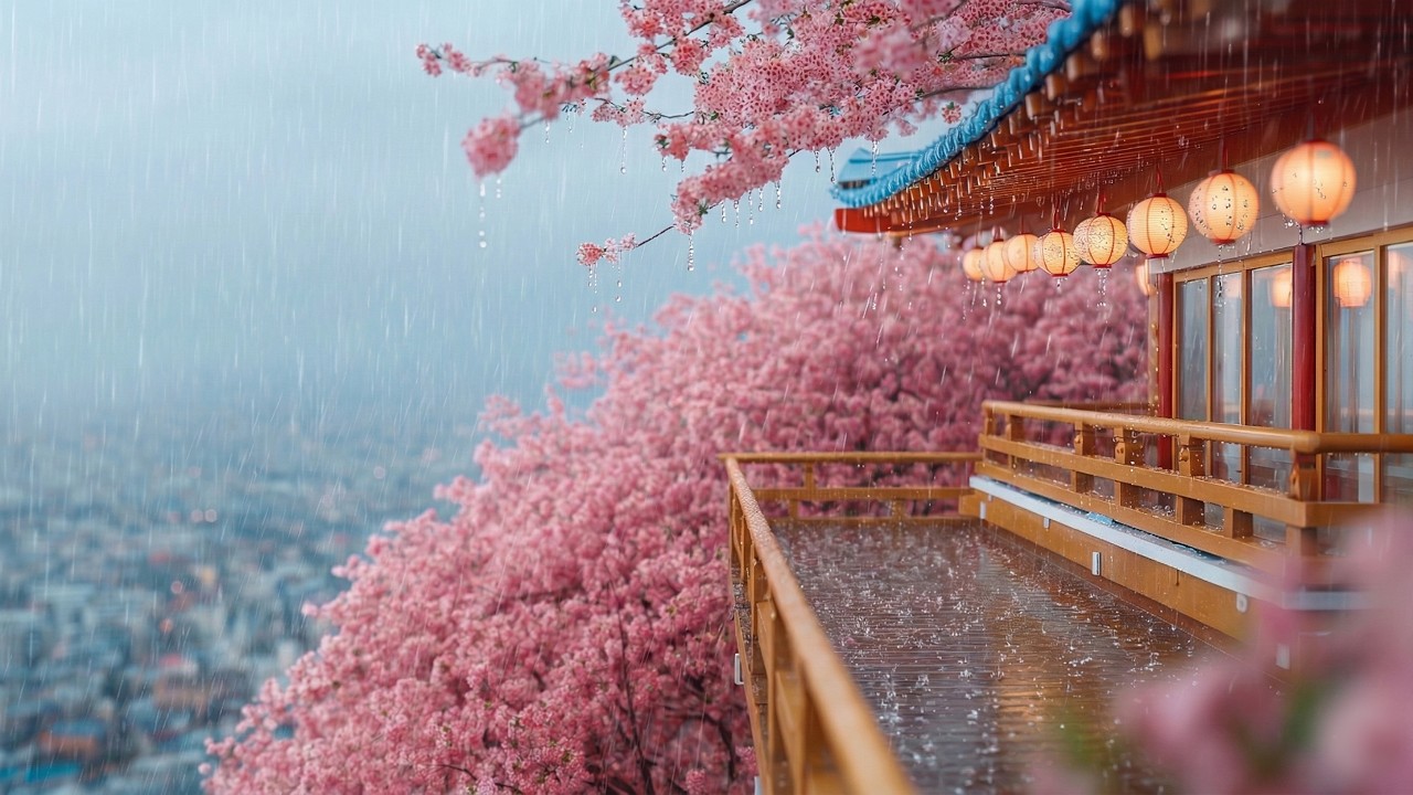 🌸🌧️ Japanese Sakura Temple Rain | Heavy Rain & White Noise for Mid-Day Focus