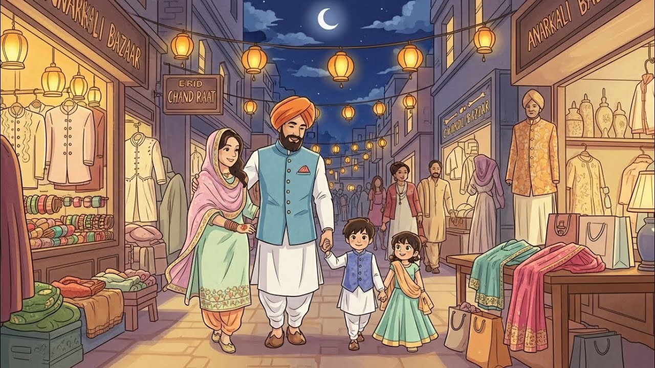 Golden Lights of Anarkali: Excited Eid Shopping with Family | Ghibli Animation