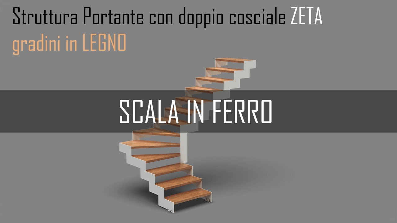 scala in ferro doppio cosciale a zeta e gradini in legno con alzata aperta e tutte le ringhiere