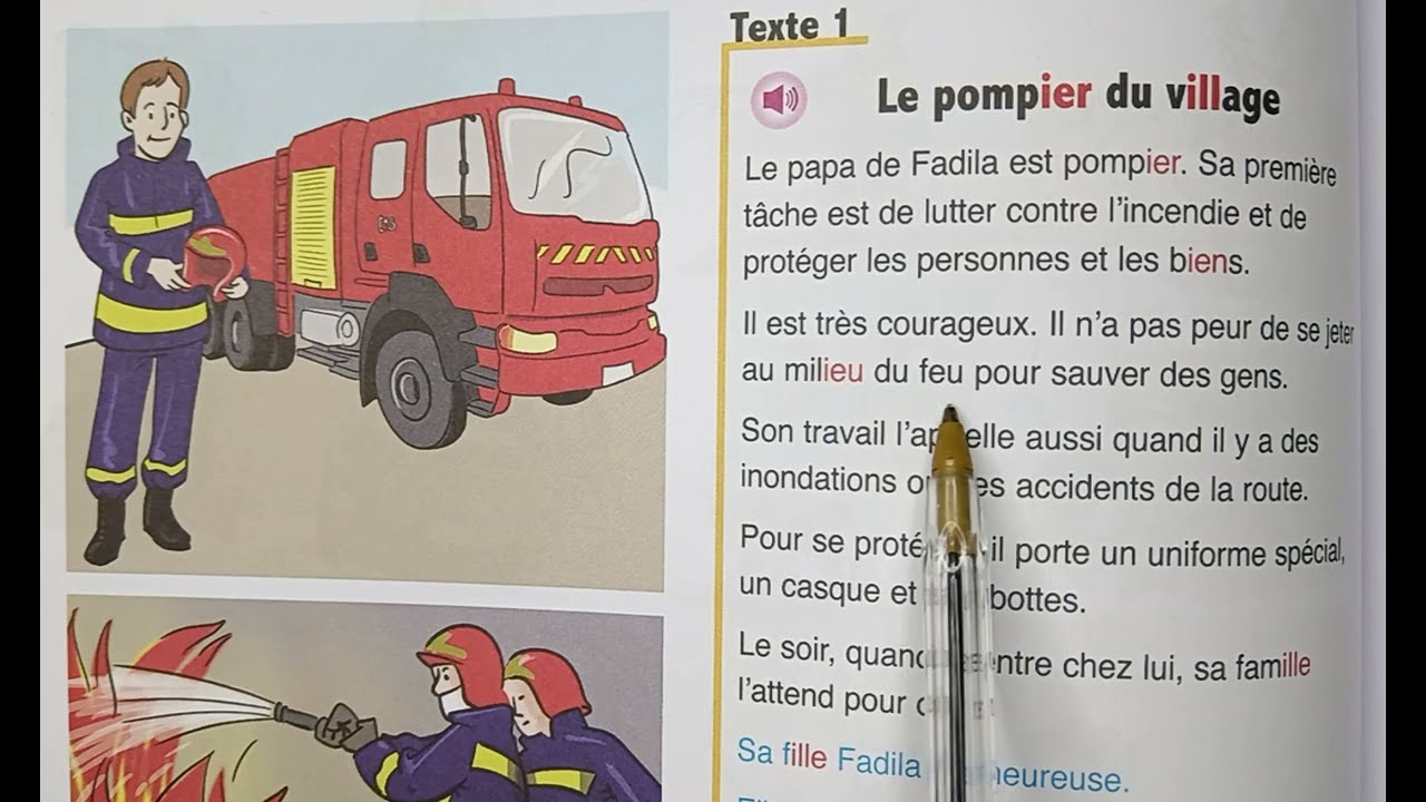 تعلم اللغة الفرنسية بسهولة : le pompier du village, l'oasis des mots 3ème année p 104