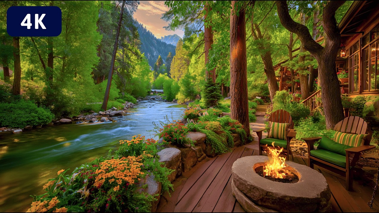 Peaceful Riverside Garden Cabin Ambience | Flowing River & Cozy Fire 4K