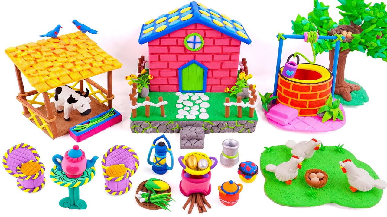 ❤️❤️ DIY WONDERFUL Miniature Clay House with cow shed, water well, kitchen set, chicken, Tree #76
