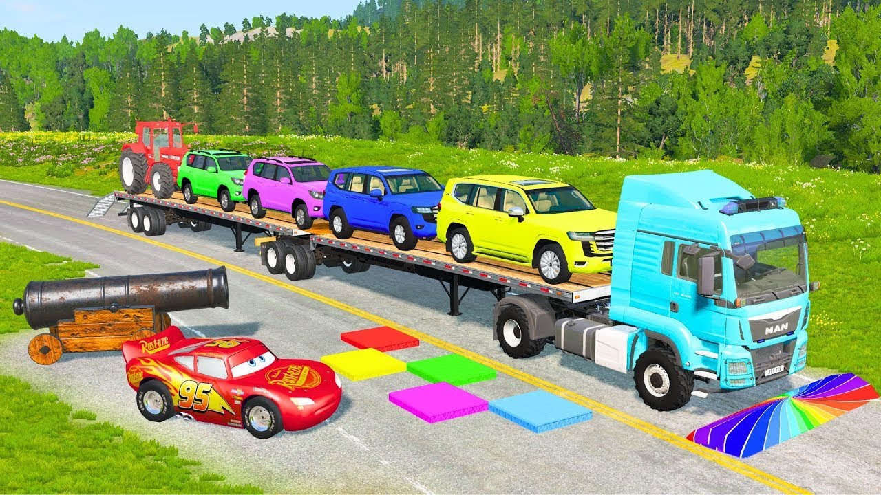 TRANSPORTING PIXAR CARS & FRUITS WITH COLORED & JOHN DEERE vs CLAAS vs TRACTORS - BeamNG.drive