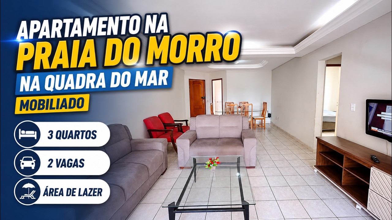 Apartamento na Praia do Morro na quadra do mar mobiliado, 3 quartos, 2 vagas e área de lazer