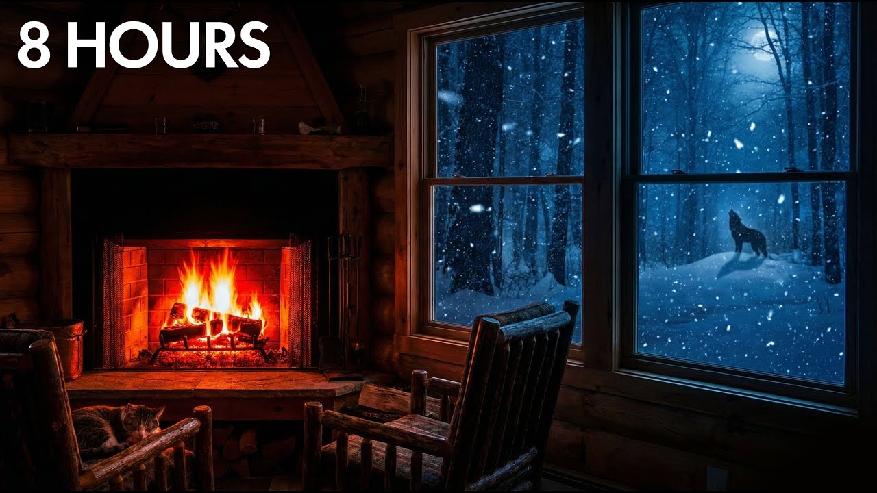 Blizzard Outside, Cozy Inside | Fireplace with Distant Wolf & Owl Sounds (8 HOURS)