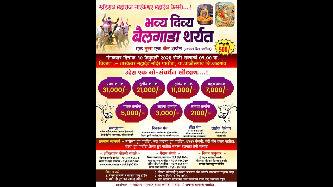 LIVE गट : खंडेराव महाराज तारकेश्वर महादेव केसरी एक दुसा एक बैल शर्यत, तारकेश्वर महादेव मंदिर पातोंडा