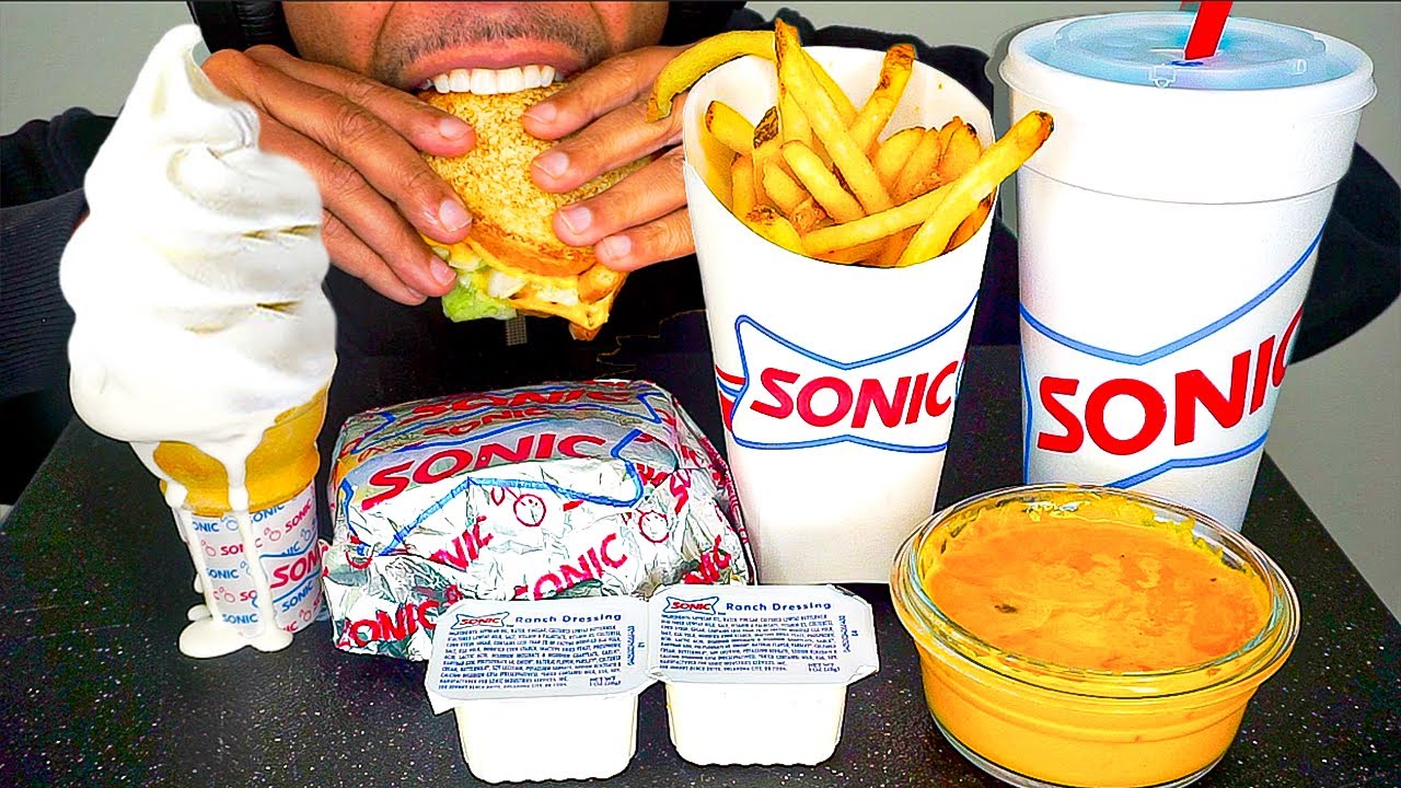 SONIC DRIVE-IN CHEESEBURGER ICE CREAM CONE CRISPY FRENCH FRIES CHEESE SAUCE RANCH MUKBAN