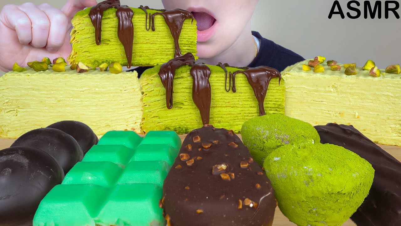 ASMR Dark Chocolate Green Tea Crepe Cake, Ice Cream, Mochi, Milky Way, Marshmallow [Dessert Mukbang]