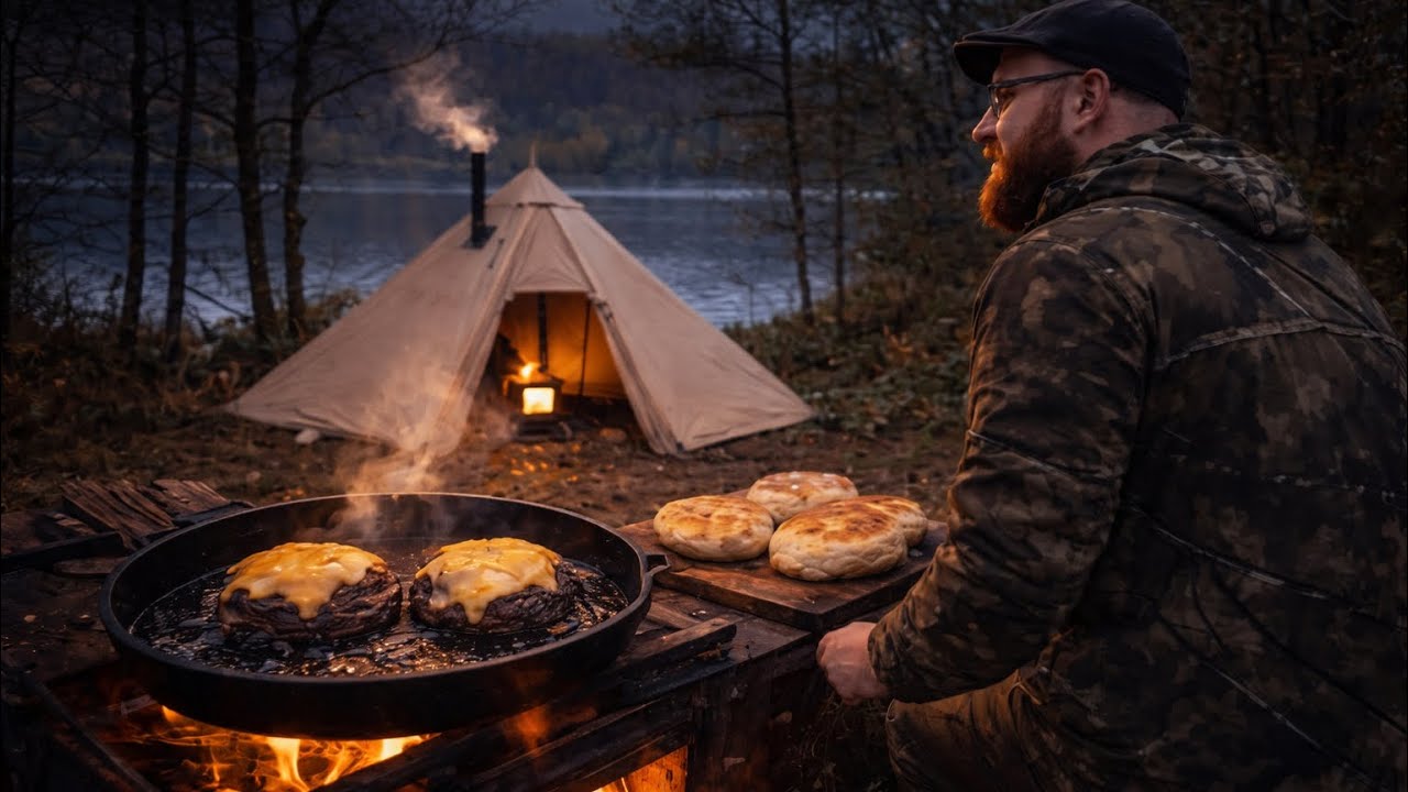 Solo Hot Tent Camping in the Forest | Wood Stove • Cooking Smash Burgers (ASMR)