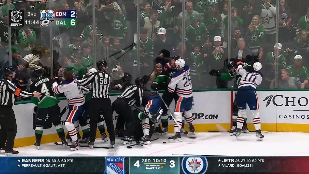 Multiple scrums between the Oilers & Stars as the game gets heated, Oilers @ Stars - 12th Mar 2026