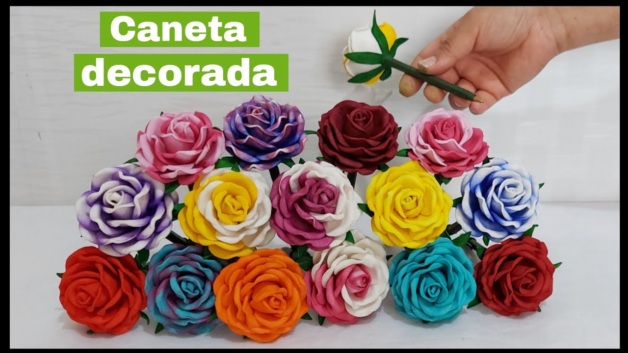 Caneta decorada com rosa, em E.V.A, sem frisador