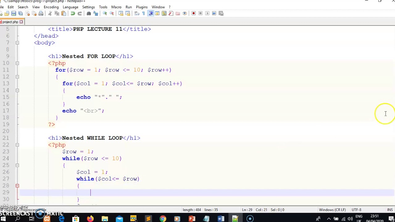 PHP Lecture 12: CONVERTING A NESTED FOR LOOP CODE INTO A NESTED WHILE LOOP IN PHP