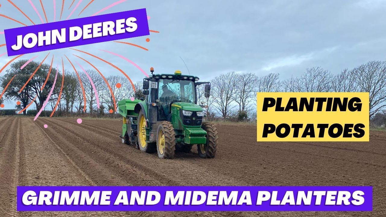 John Deeres planting potatoes with Grimme GL 32 F and a Midema Structural 2000.