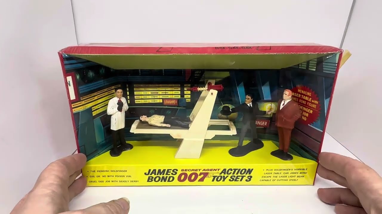 Vintage Gilbert 1965 James Bond Action Figure Set 3 Includes Dr No, OddJob, Goldfinger & Laser Table