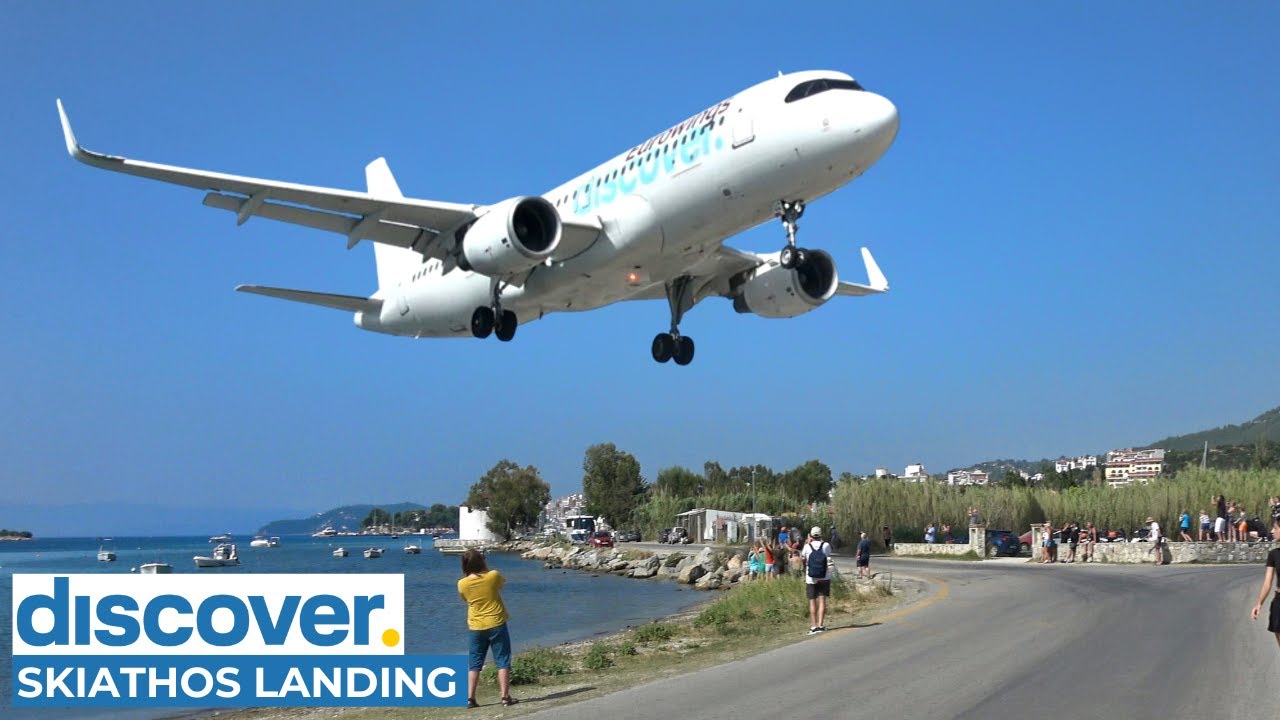 Discover Airlines Airbus A320 Low Landing & Takeoff Jetblast at Skiathos Airport | 4K Plane Spotting