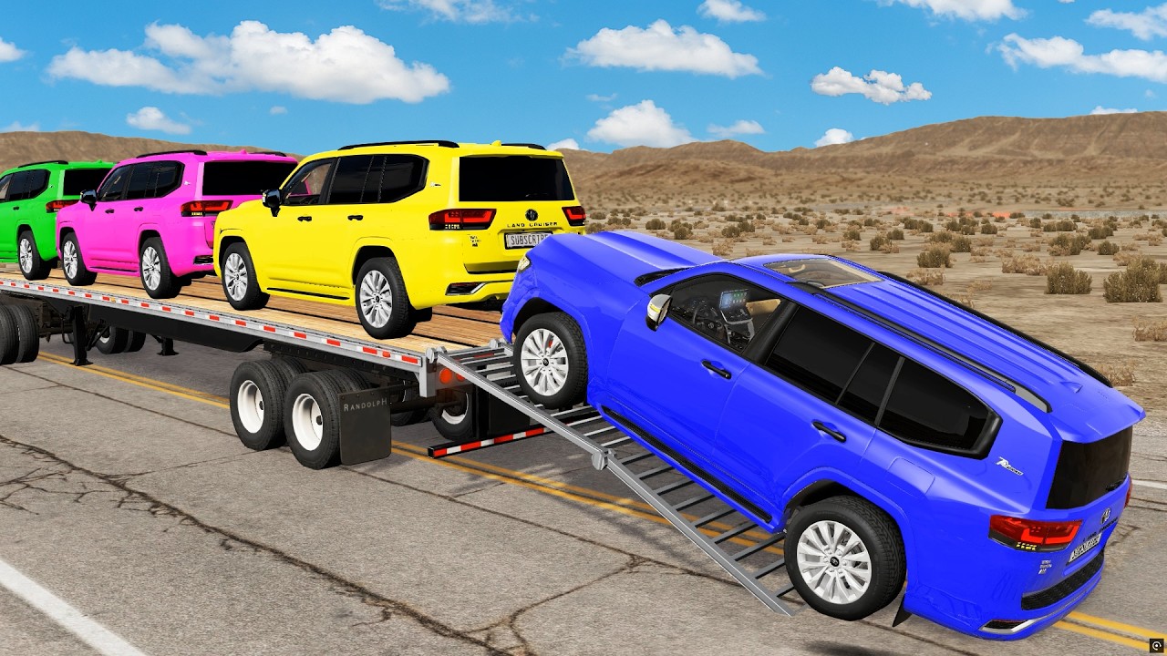 Triple Flatbed Trailer McQueen Transportation with Truck - Speedbumps vs Cars vs Train - BeamNG #25