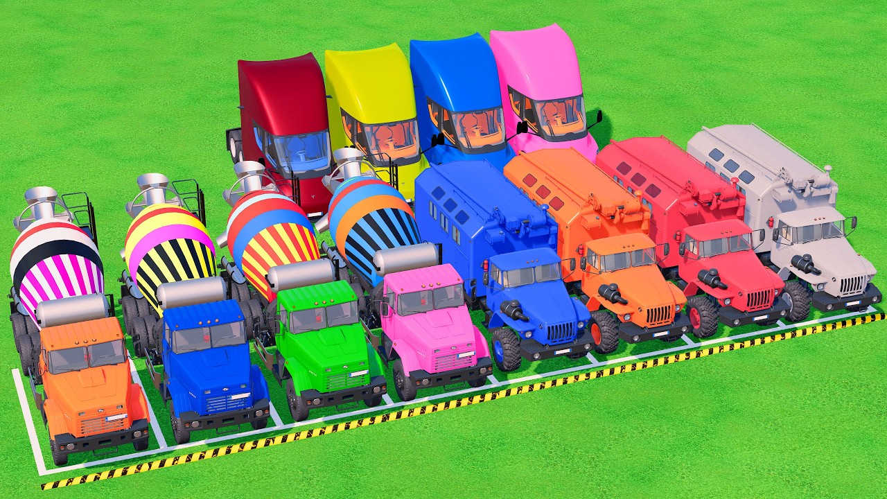 Trucks With COLORS - TRANSPORTING MIXER TRUCK and TRUCK with FLATBED TRAILER TRUCK #26