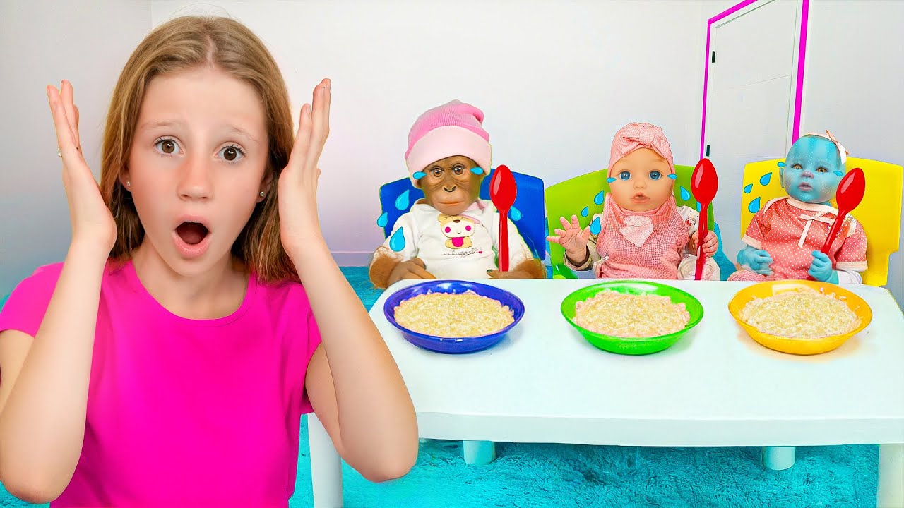 Nastya helps take care of her younger sister and all her toy babies