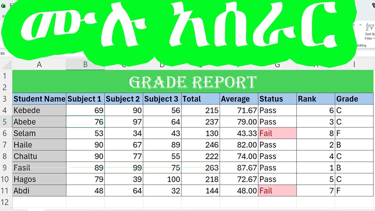 How to Create a Student Grading System in Excel | የተማሪዎችን ውጤት እና ደረጃ አሰራር