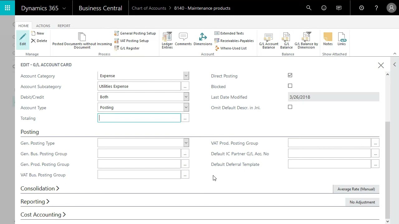 01 — Dynamics 365 Business Central — создание карточки счёта GL