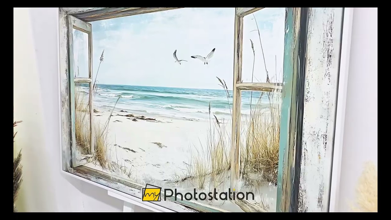 Seaside Escape Through Rustic Window &ndash; Kitchen Canvas Art