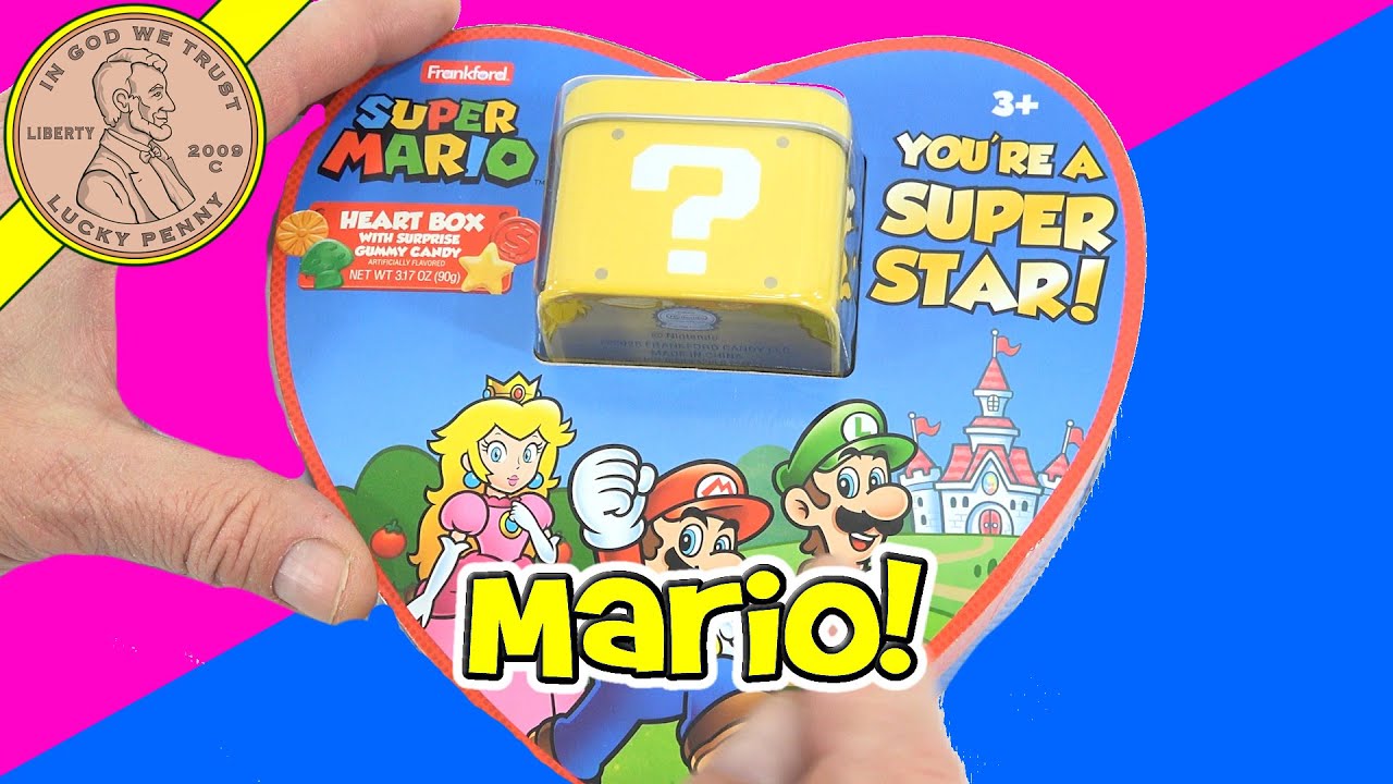 Обзор конфет в форме сердечек Super Mario ко Дню святого Валентина в жестяной коробке.