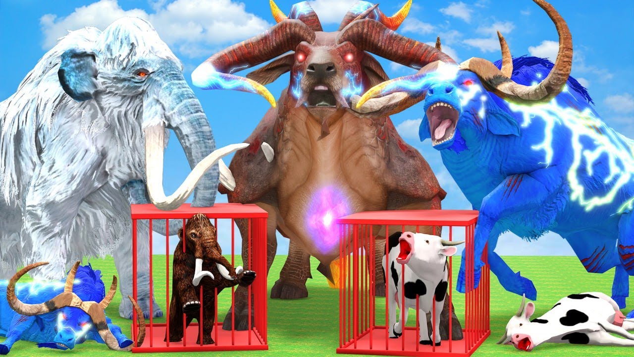 Woolly Mammoth Elephant vs 10 Big Zombie Bulls vs Giant Tiger Attack Cow Elephant Saved by Mastodon