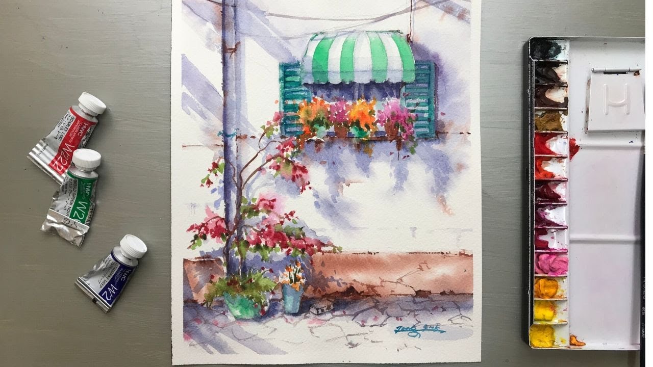 Watercolor Painting - Window Awning and Flowers- Tutorial for Beginners