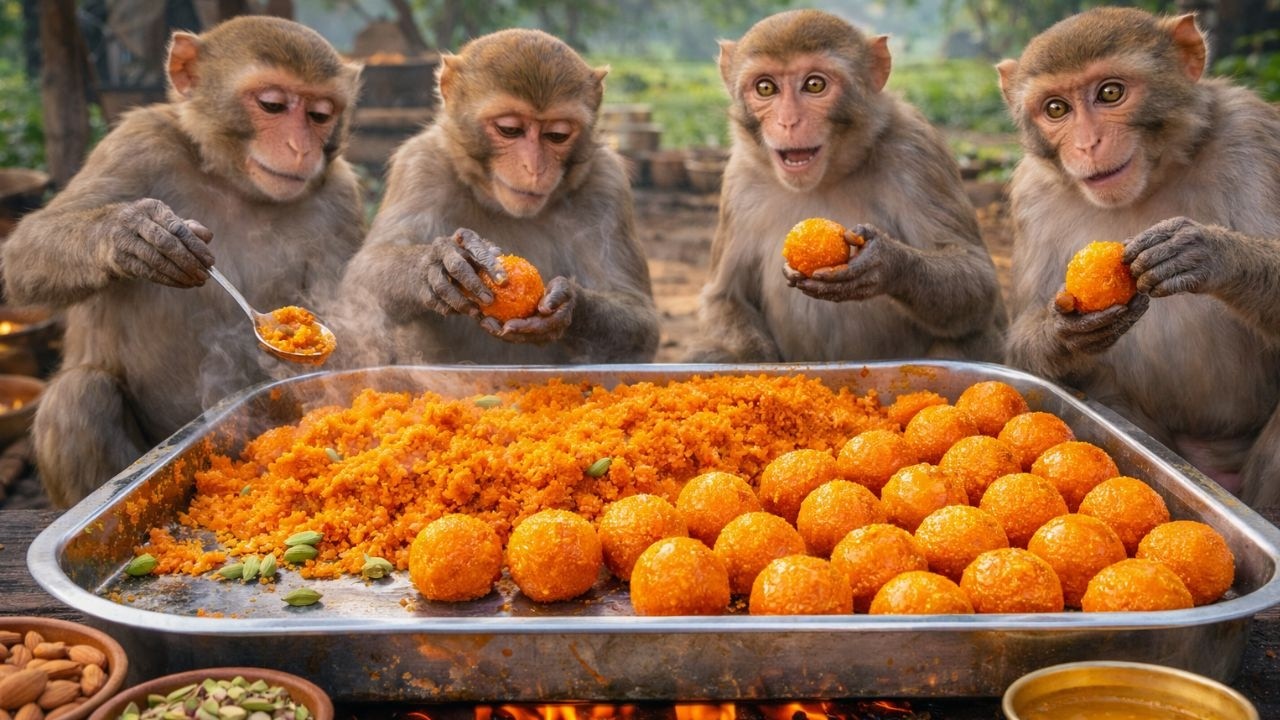 बंदरों ने बनाए मोतीचूर के लड्डू 😲🐒🔥  Monkeys Made Motichoor Ladoo