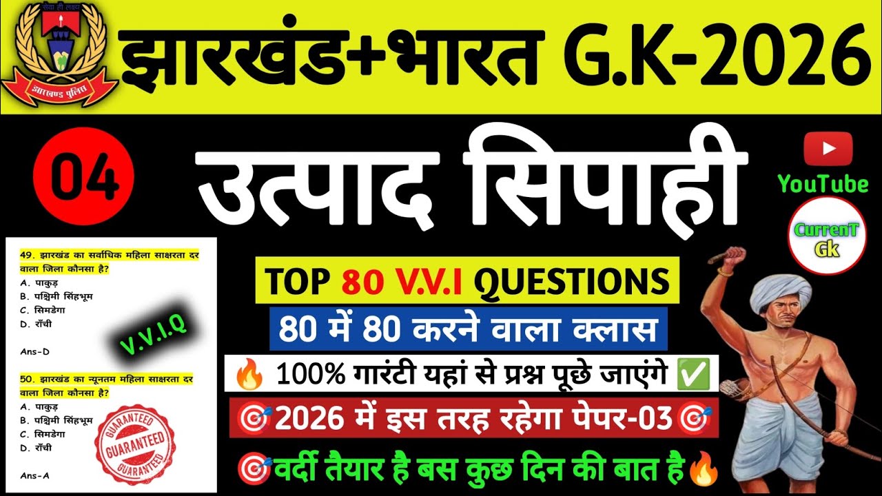 उत्पाद सिपाही परीक्षा 2026//🎯 Jharkhand Gk 🔥// Excise Constable MCQ Gk | Field Worker Gk