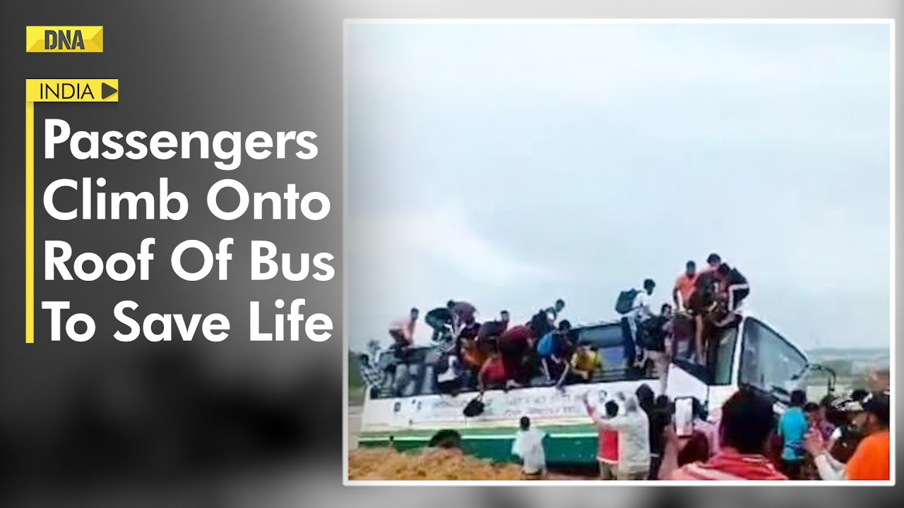 Watch | Passengers climb onto roof of bus stuck in heavy flood waters to save their lives