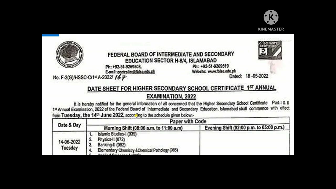 Federal Board Date Sheet 2022 for FA FSC HSSC | Intermediate Fbise