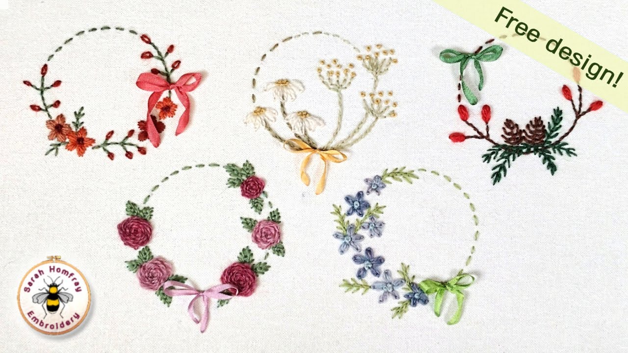 5 miniature hand embroidered flower wreaths tutorial with free design!