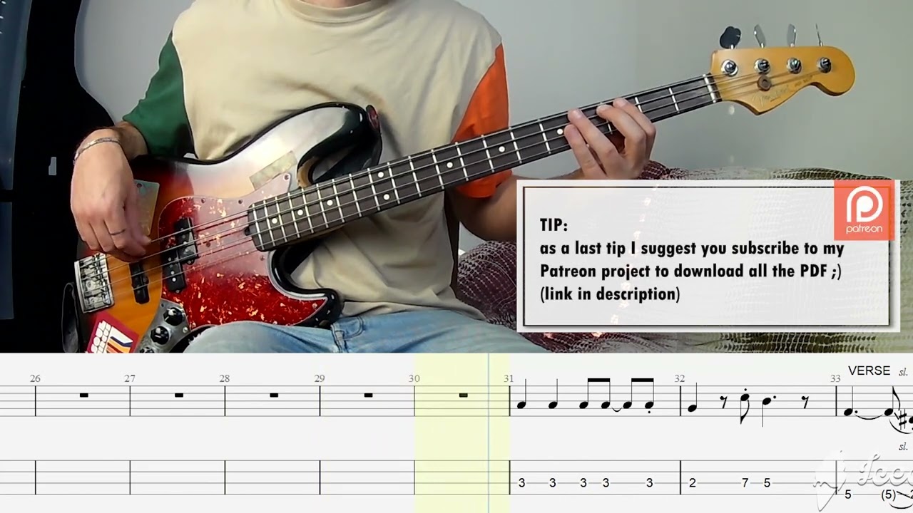 Radiohead - Karma Police BASS COVER + PLAY ALONG TAB + SCORE PDF