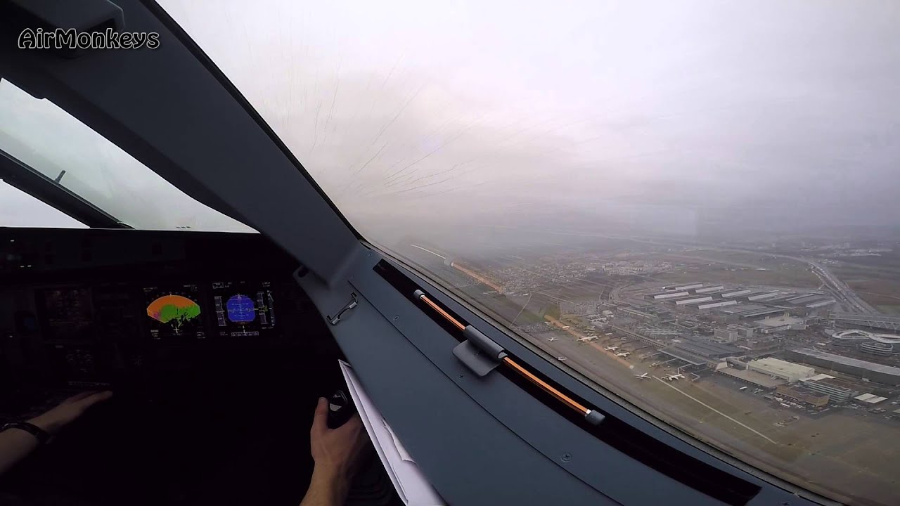 Gimbal-stabilized Cockpit-Cam - Airbus A320 - a rainy day at Stuttgart Airport