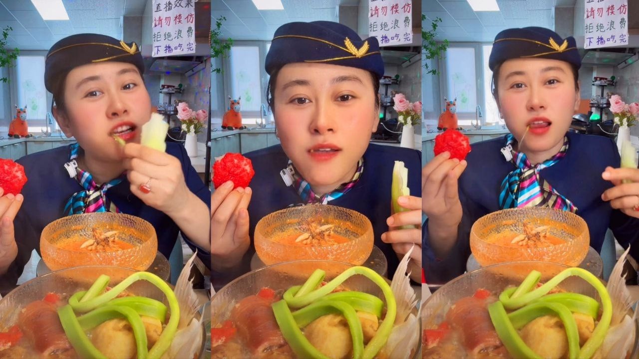 ASMR Flight Attendant Eating Spicy Seafood & Crunchy Vegetables Mukbang
