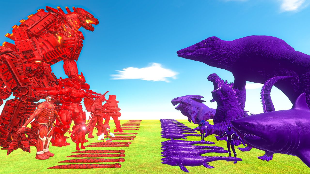 Team Red + Mechagodzilla vs Skull Crawler + Team Yellow - Animal Revolt Battle Simulator