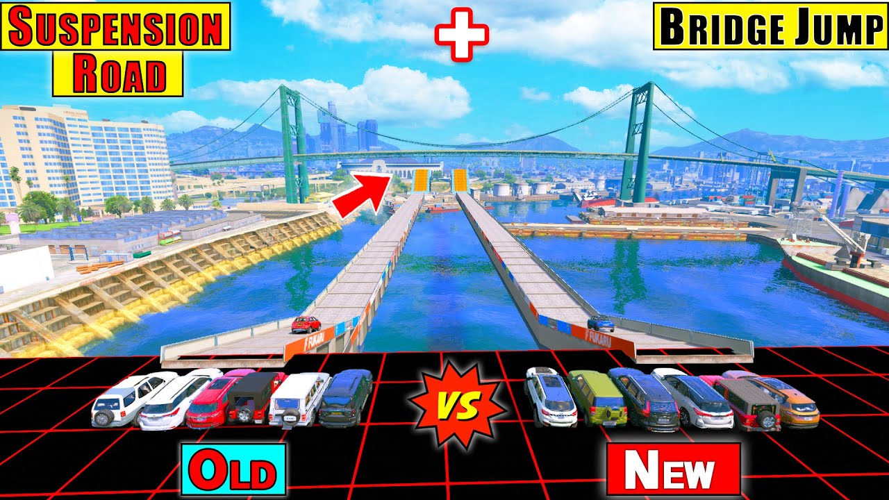 GTA 5 : OLD VS NEW INDIAN CARS SUSPENSION ROAD BRIDGE JUMP CHALLENGE