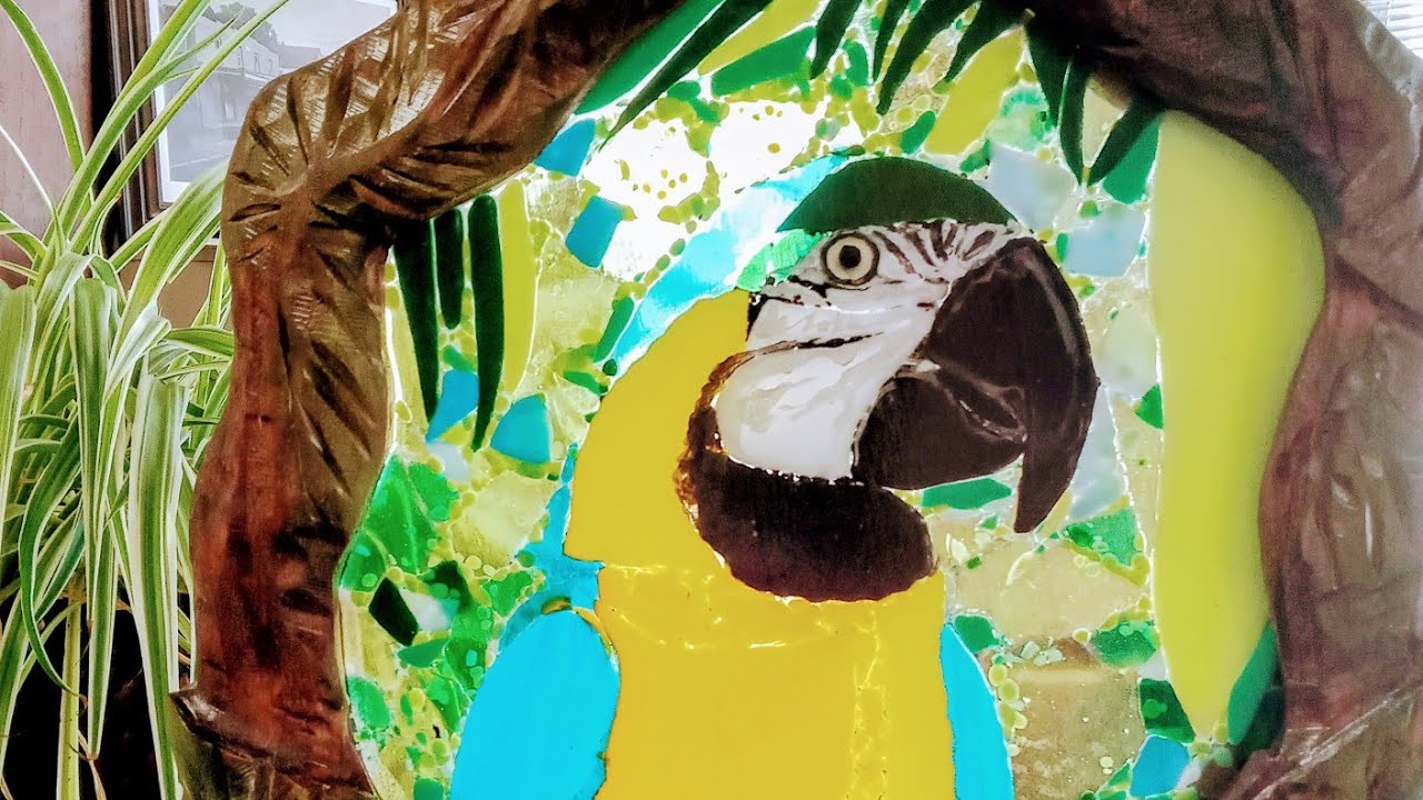 Creating framed FUSED GLASS Donation Piece of a Blue & Gold Macaw for Art Auction Fundraiser 2024